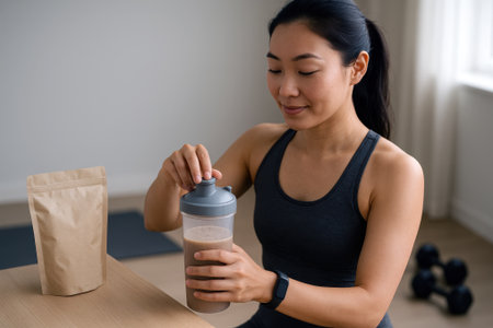 Asian woman in sportswear preparing a protein shake after a workout.の素材