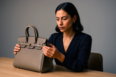 Woman inspecting a luxury leather handbag at a table.の素材