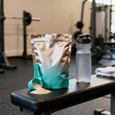 Protein powder supplement with shaker bottle on a bench in a gym.の素材