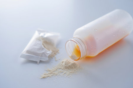 Spilled nutritional supplement powder next to a bottle with drink.の素材