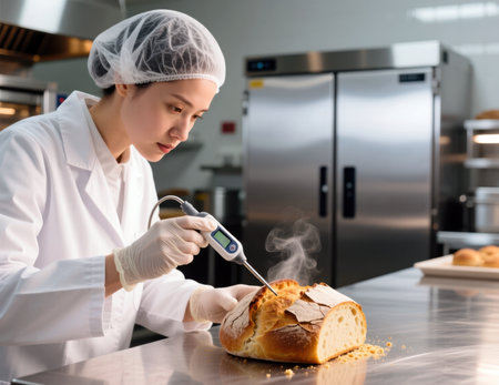 Food scientist checking temperature bread with a thermometer in a bakery.の素材