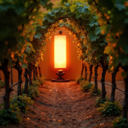Dirt path through a vineyard with a glowing light at the end of a vine archway.の素材