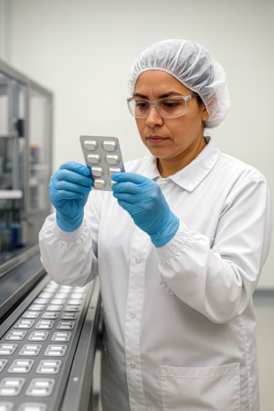Female scientist in a lab coat and hairnet inspects a blister pack of pills on a production line.の素材