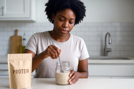 Black woman mixing protein powder into overnight oats in a kitchen.の素材