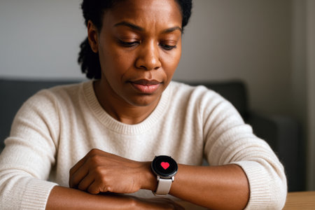 Black woman looking at a health tracking smartwatch with a heart icon.の素材