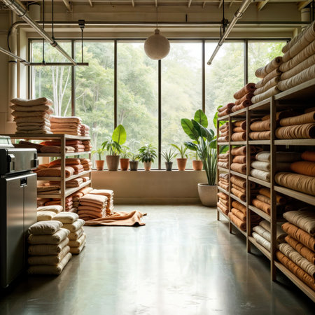 Storage room with organized shelves of folded towels and blankets with natural light.の素材