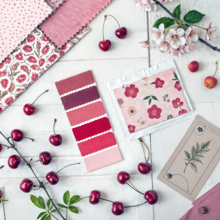 Cherry and floral themed mood board with fabric and color swatches.の素材