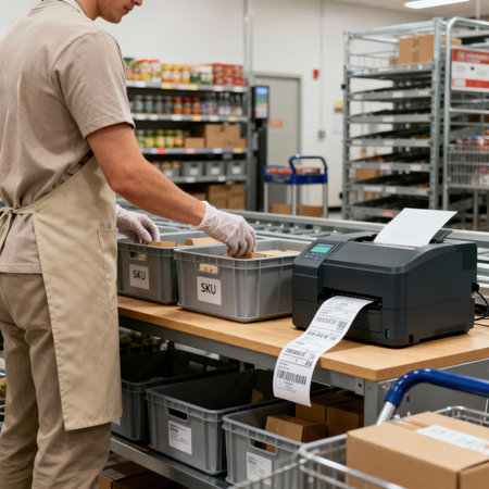 Warehouse worker packs orders into bins next to a label printer at a packing station.の素材