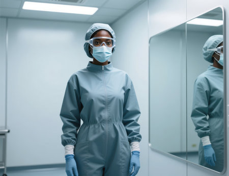Scientist in full PPE standing in a sterile cleanroom laboratory.の素材