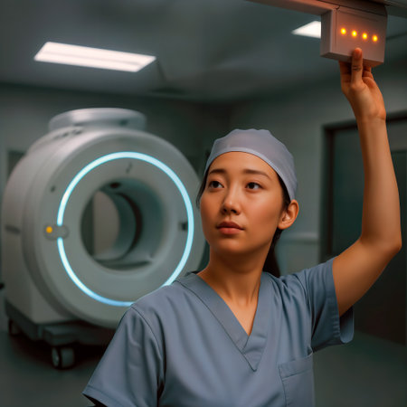 Asian female nurse in scrubs adjusts control panel near MRI scanner in hospital.の素材