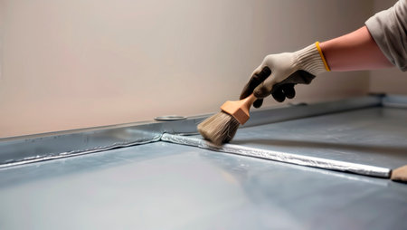 Gloved hand applying liquid sealant to a metal seam with a brush for waterproofing.の素材