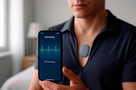 Man monitoring heart rhythm on phone app connected to wearable chest device.の素材
