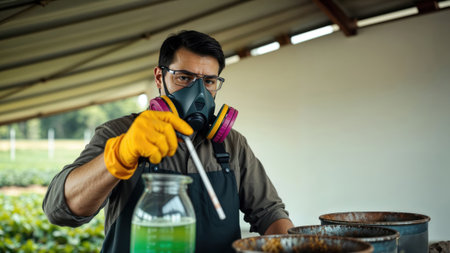 Scientist in respirator analyzing green liquid samples in a greenhouse.の素材