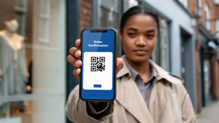 A customer displays a smartphone screen showing an order confirmation QR code on a city street.の素材