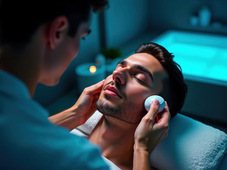 Man receiving facial skincare treatment with handheld electronic device in spa.の素材