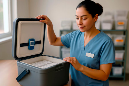 A medical professional in scrubs opens a portable cooler containing white storage boxes.の素材