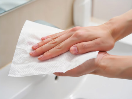 Person drying wet hands with white disposable paper towel in bathroom.の素材