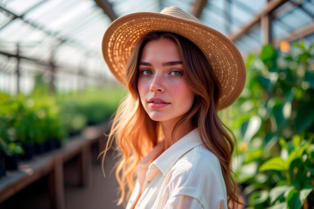 Young woman gardener wearing straw hat standing in greenhouse nursery.の素材