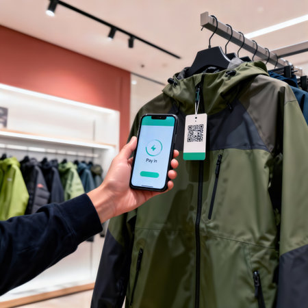 Hand using smartphone to scan QR code on jacket tag for digital payment in store.の素材