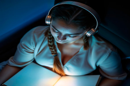 Young woman wearing headphones reads glowing book in dark environment at night.の素材