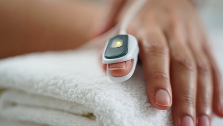 Patient finger with pulse oximeter sensor measuring oxygen saturation on white towel.の素材