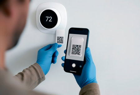 Gloved hands scan a QR code on a wall-mounted smart thermostat using a smartphone for system setup.の素材