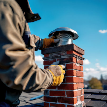 Construction worker hands installing metal cap on red brick chimney top.の素材