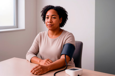 Woman sitting at table checking blood pressure with digital medical monitor.の素材