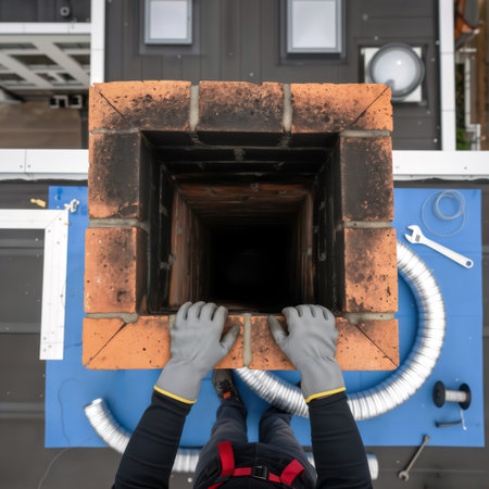 Chimney sweep worker inspecting brick flue on roof with tools and safety harness.の素材