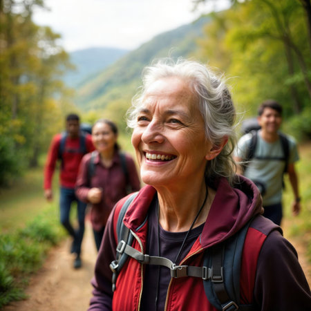 Smiling senior woman hiking with friends on a forest trail.の素材