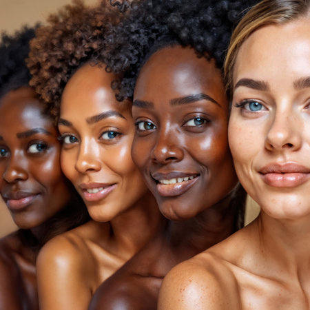 Four diverse women with different skin tones smiling together.の素材