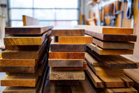 Stacks of various types of milled hardwood lumber in a workshop.の素材