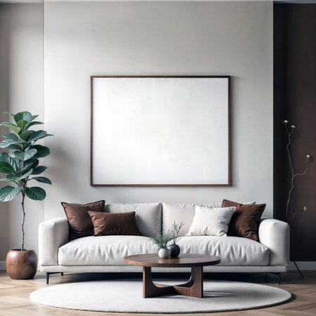 Mockup of a blank frame in a modern living room with a sofa and plant.の素材