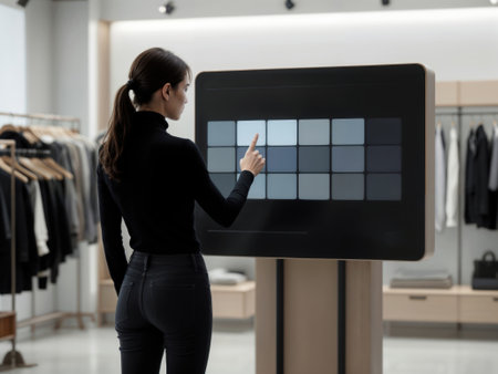Woman using an interactive touchscreen to select options in a retail store.の素材