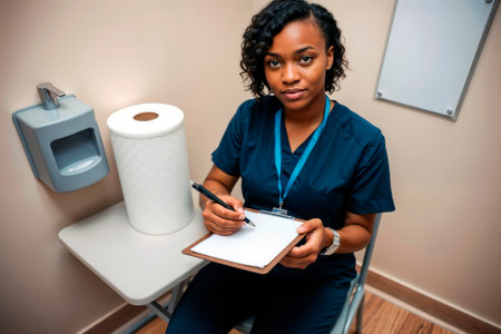 A Black nurse in scrubs writing on a clipboard in a medical examination room.の素材