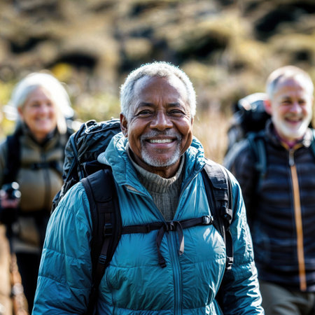 Smiling senior black man hiking with friends in the outdoors.の素材