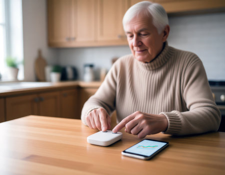 Senior man using a smart home device and smartphone on a kitchen table.の素材