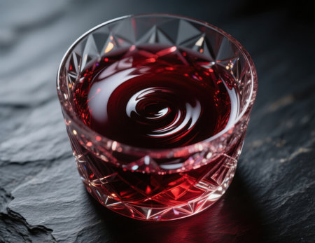 A crystal glass of red wine with ripples on a dark slate surface.の素材
