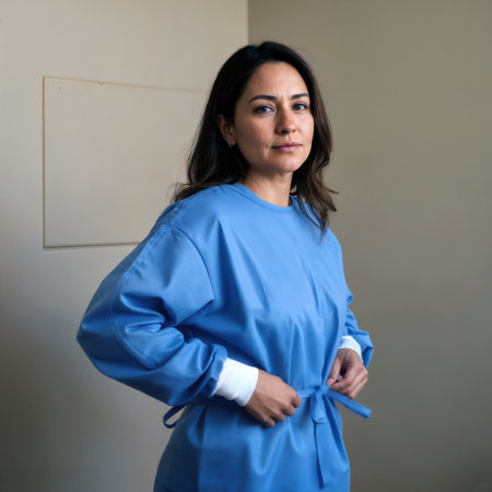 Female doctor or surgeon tying a blue surgical gown, looking at the camera.の素材