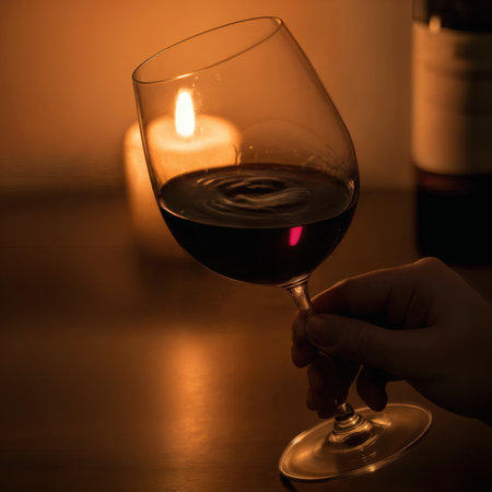 Hand holding a glass of red wine by candlelight.の素材