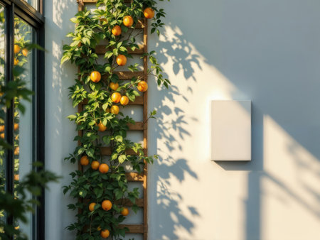 Orange tree on a trellis next to a home energy storage battery on a wall.の素材
