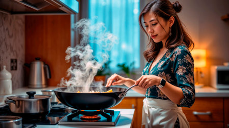 Asian woman stir-frying food in a wok in a modern kitchen.の素材