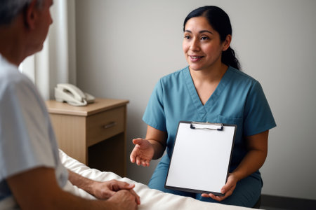 Female nurse with clipboard consulting an elderly male patient in a hospital bed.の素材