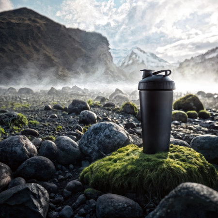 Black shaker bottle on a mossy rock in a misty mountain landscape.の素材