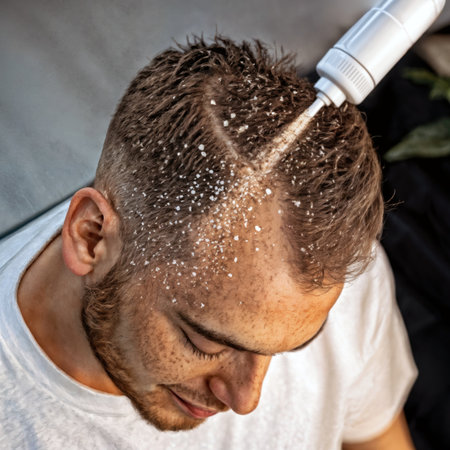 Man applying a crystalline scalp treatment product to his hair.の素材