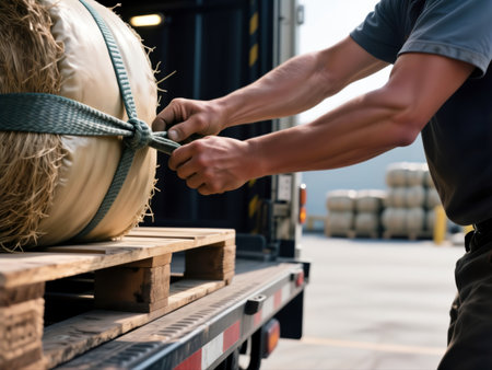 Logistics worker securing a wrapped hay bale with a green strap on a wooden pallet for transport.の素材