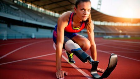 Female sprinter with prosthetic leg crouching in starting position on running track.の素材
