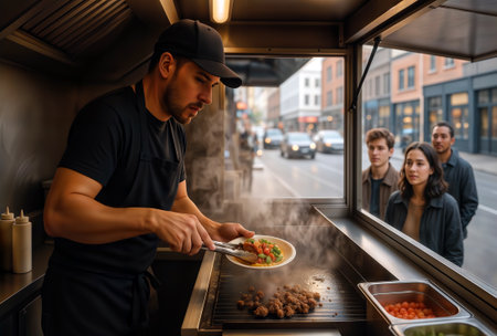 Male chef plating food in mobile kitchen with customers waiting at window.の素材