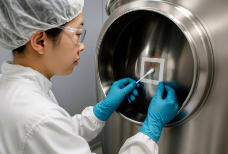 Scientist in sterile gear using a swab to test a stainless steel tank surface.の素材