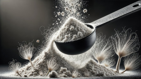 Measuring spoon filled with white powder on dark background with decorative elements.の素材